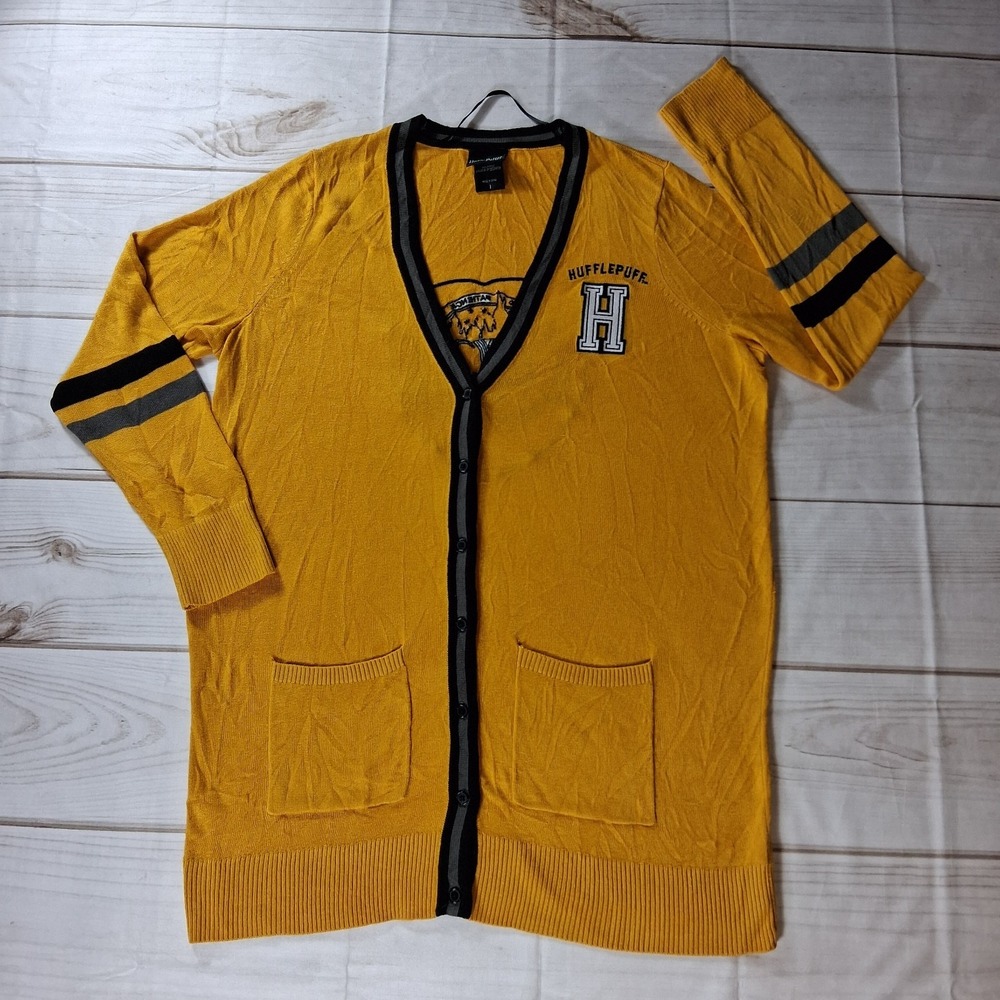 Harry Potter Hufflepuff Varsity Cardigan Mustard Yellow Sweater Womens L XL